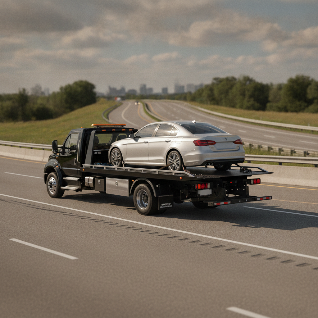 Sedan Towing without showing a person's face.