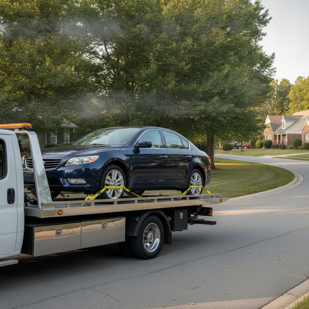 Sedan Towing without showing a person's face.