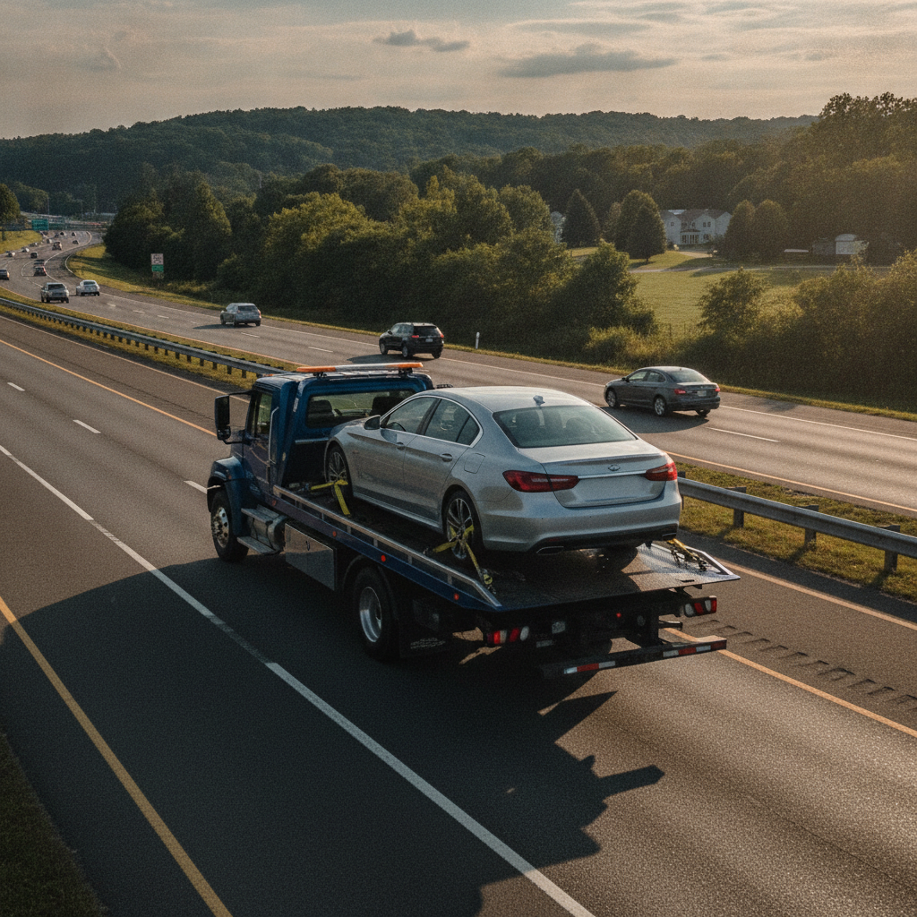 Sedan Towing without showing a person's face.